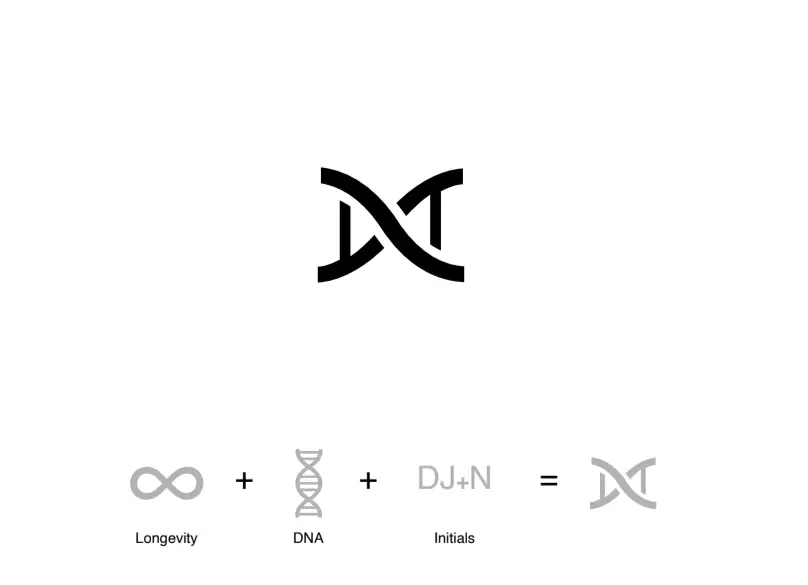 Smart Aging logo — A minimalistic, elegant logo combining an infinity symbol, DNA strand, and stylised initials “D+N” representing longevity and personalised health.